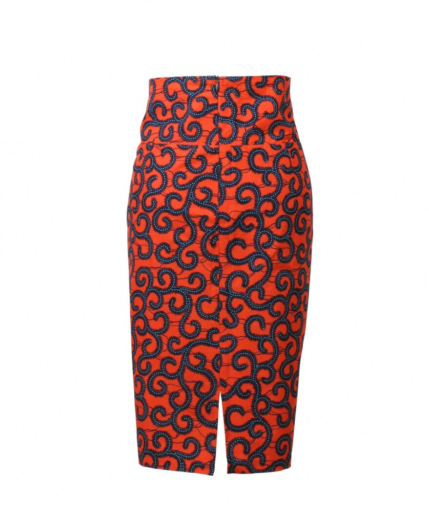 klasyczna-pomaranczowa-spodnica-olowkowa-taye-Afrykańskie-wzory- afrykański-wosk-ołówkowa-spodnice-spodnica-back