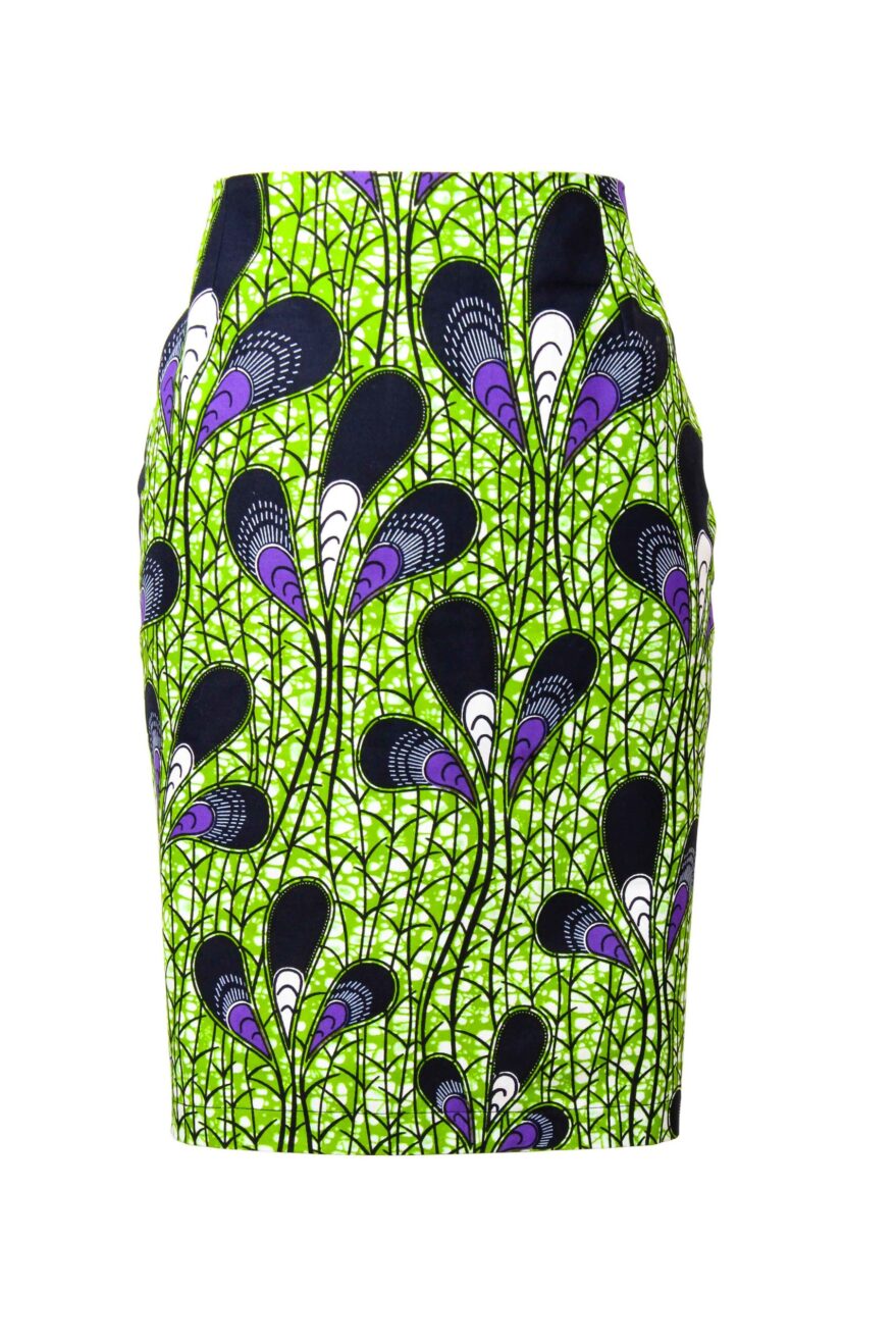TAYE-Afrykańskie-wzory-afrykański-wosk-ołówkowa-spodnica-moda-damskie-w-polsce-zielony- bez-paska-peacock-front