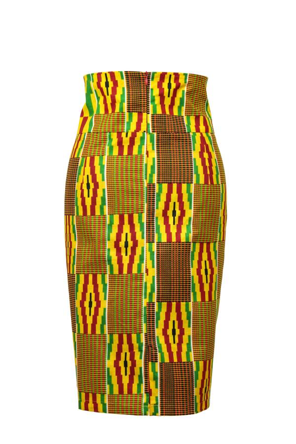 TAYE-Afrykańskie-wzory-afrykański-wosk-ołówkowa-spodnica-moda-damskie-w-polsce-czerwony- Żółty-back-wysokim-stanem