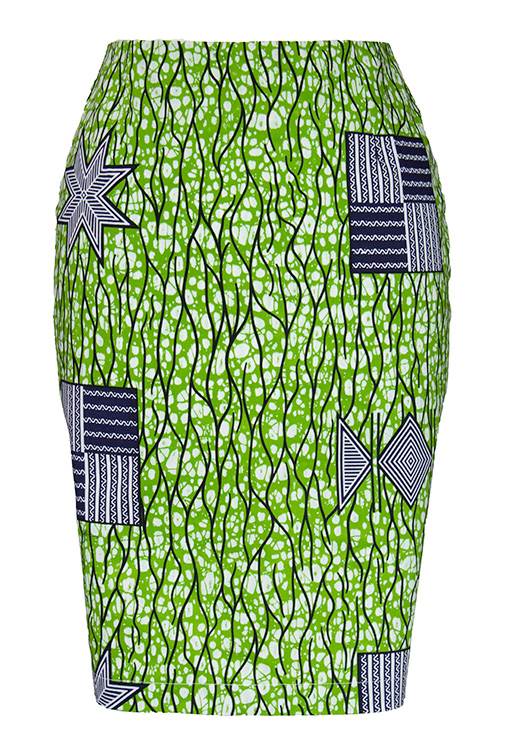 TAYE-Afrykańskie-wzory- afrykański-wosk-ołówkowa-spodnica-moda-damskie-zielony-i-bialy-front