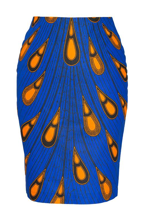 TAYE-Afrykańskie-wzory-peacock-afrykański-wosk-ołówkowa-spodnice-spodnica-kolor-moda-kobiety-front-niebieski