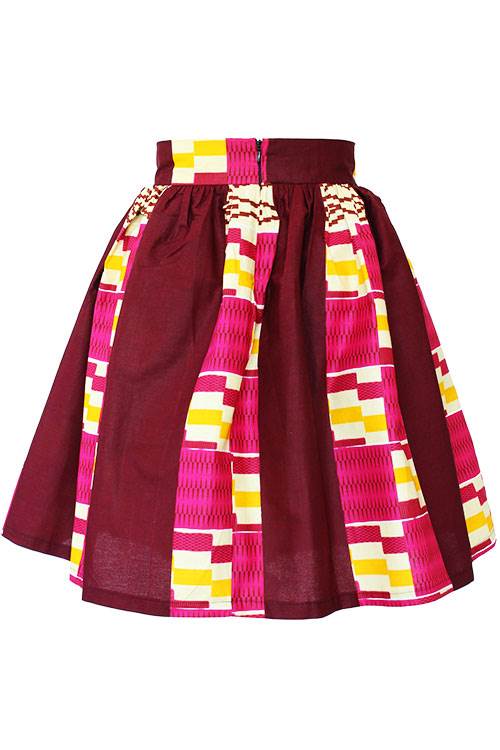 Taye-african-print-flare-skirt-burgund-cream-afrykanskie-mini-spodnice-spodnia-front