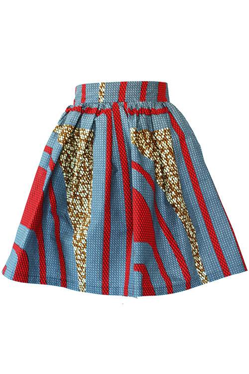 Taye-african-print-flare-skirt-grey-brown-red-afrykanskie-mini-spodnice-spodnia-front