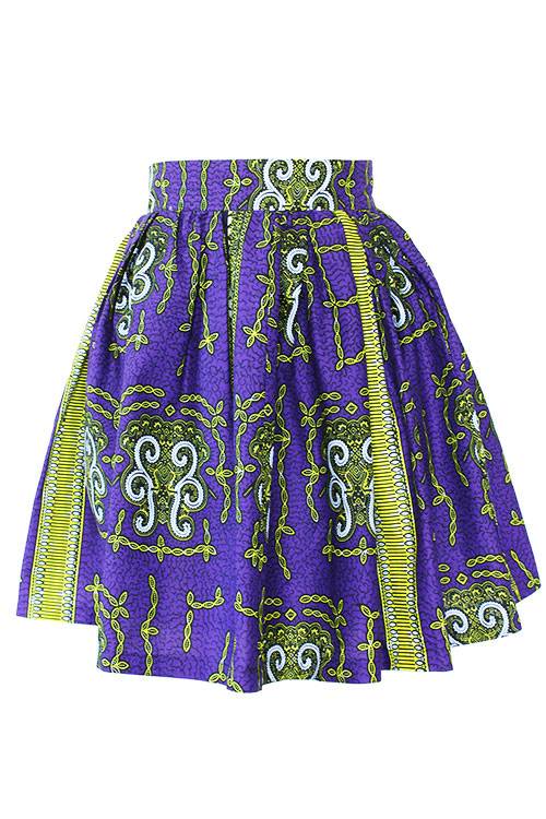 Taye-african-print-flare-skirt-yellow-white-purple-afrykanskie-mini-spodnice-spodnia-front