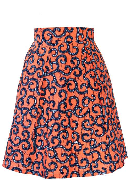 Taye-african-print-pleat-flare-skirt-orange-blue-afrykanskie-mini-spodnice-spodnia-front
